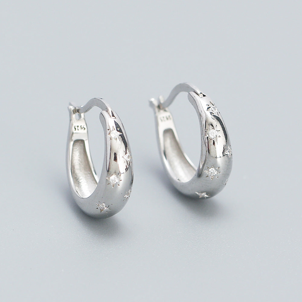 Vintage Minimalist 925 Sterling Silver Polished Round Geometric Hoop Earrings with Cubic Zirconia Inlay