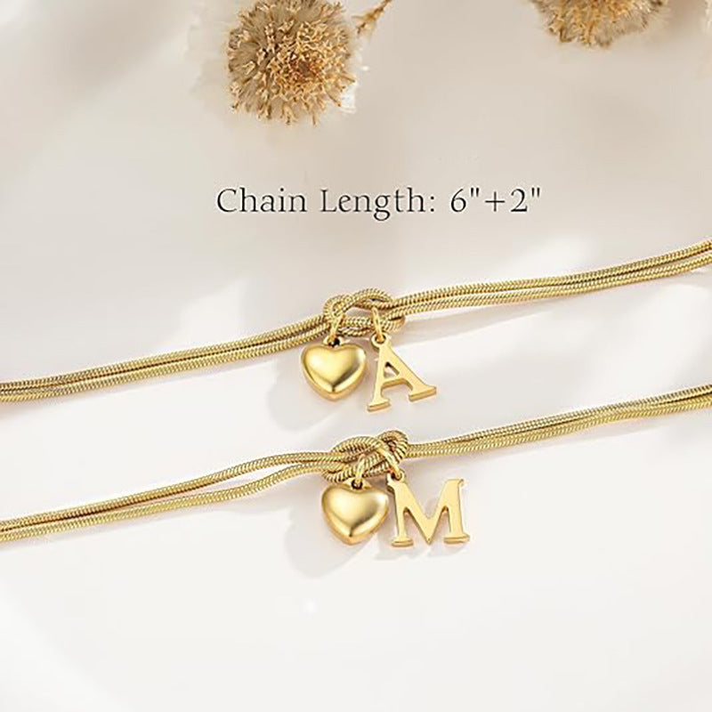 Sweet Luxury Stainless Steel PVD Snake Chain Bracelet with Rhinestone Letter Heart Cross Pendant for Women