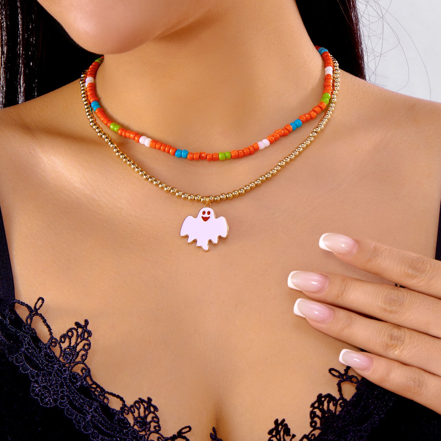 Juego de collar con colgante de gato fantasma vintage con abalorio de cristal y diseño geométrico para mujer, accesorio de fiesta de Halloween