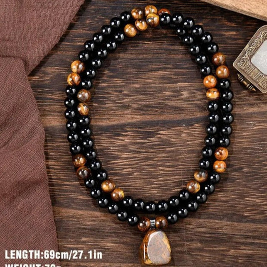 Collana con Pendente Quadrato in Ossidiana Nera Stile Old Money su Catena di Perline per Uomo e Donna Casual