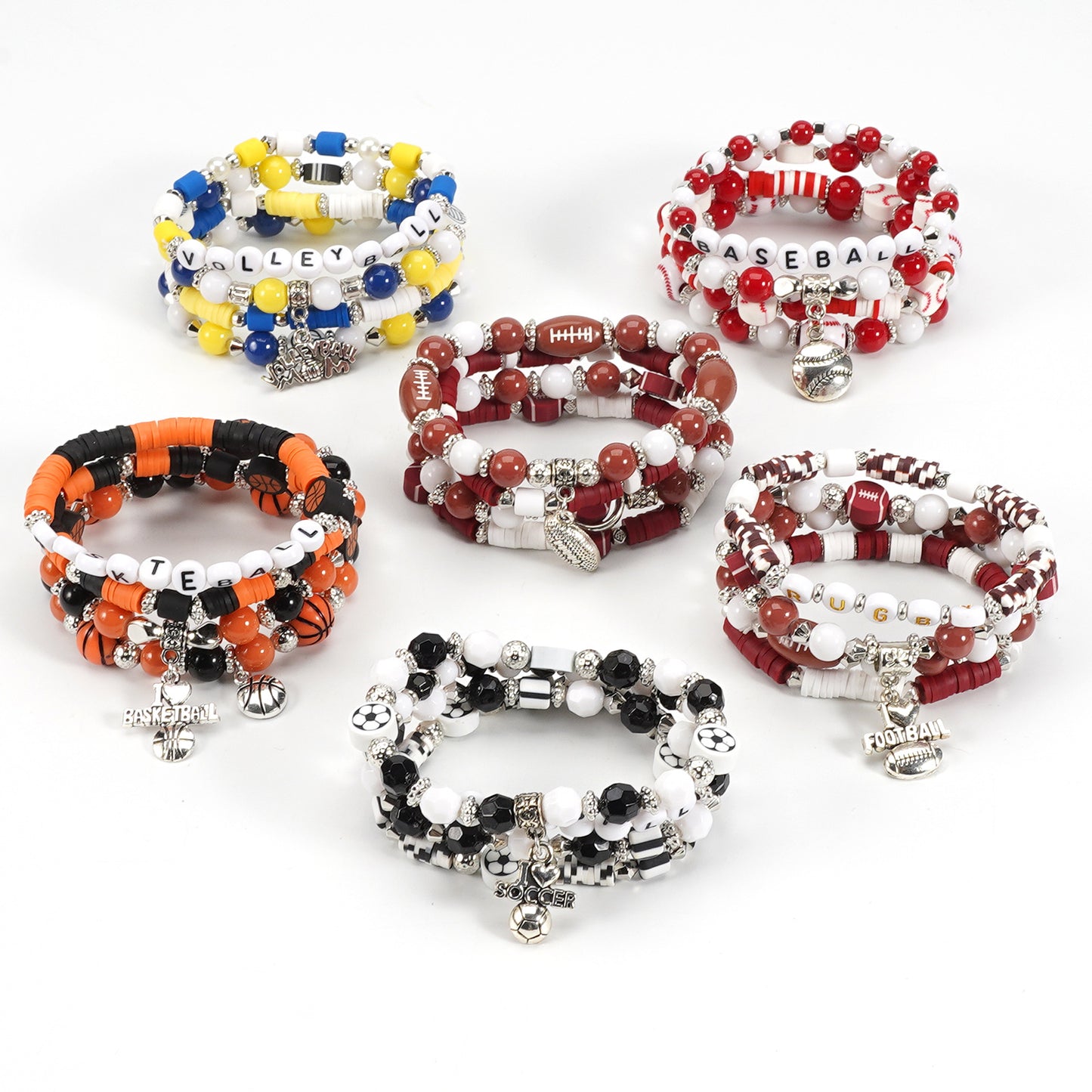 Unisex Sports Ball Charm Bracelet Set Glass Basketball Football Baseball Volleyball Elements