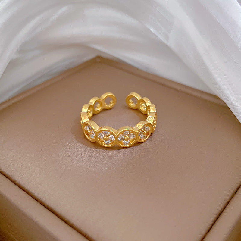 Cartoon Style Clover-Shaped Gold-Plated Brass Adjustable Ring for Women with Crown Design