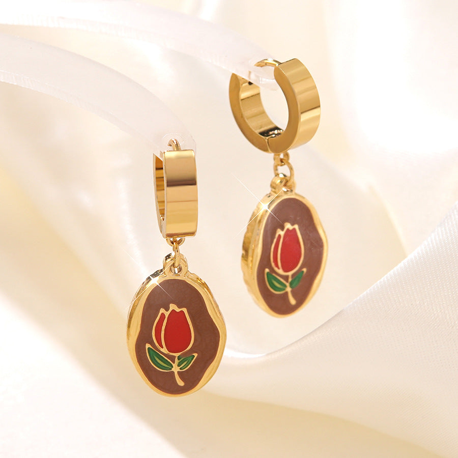 Aretes de acero inoxidable con esmalte de aceite floral de lujo elegante de rosa para mujer
