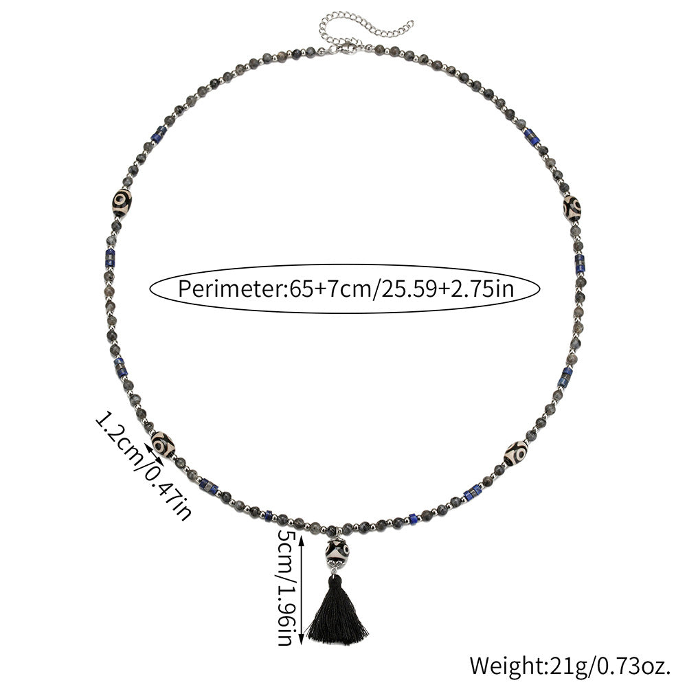 Unique Geometric Round Synthetic Dzi Bead Glitter Stone Tassel Necklace with Cable Chain for Unisex
