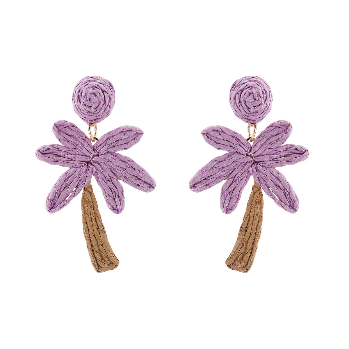 Summer Vacation Style Woven Raffia Coconut Tree Earrings for Women with Alloy Base and Handmade Craftsmanship