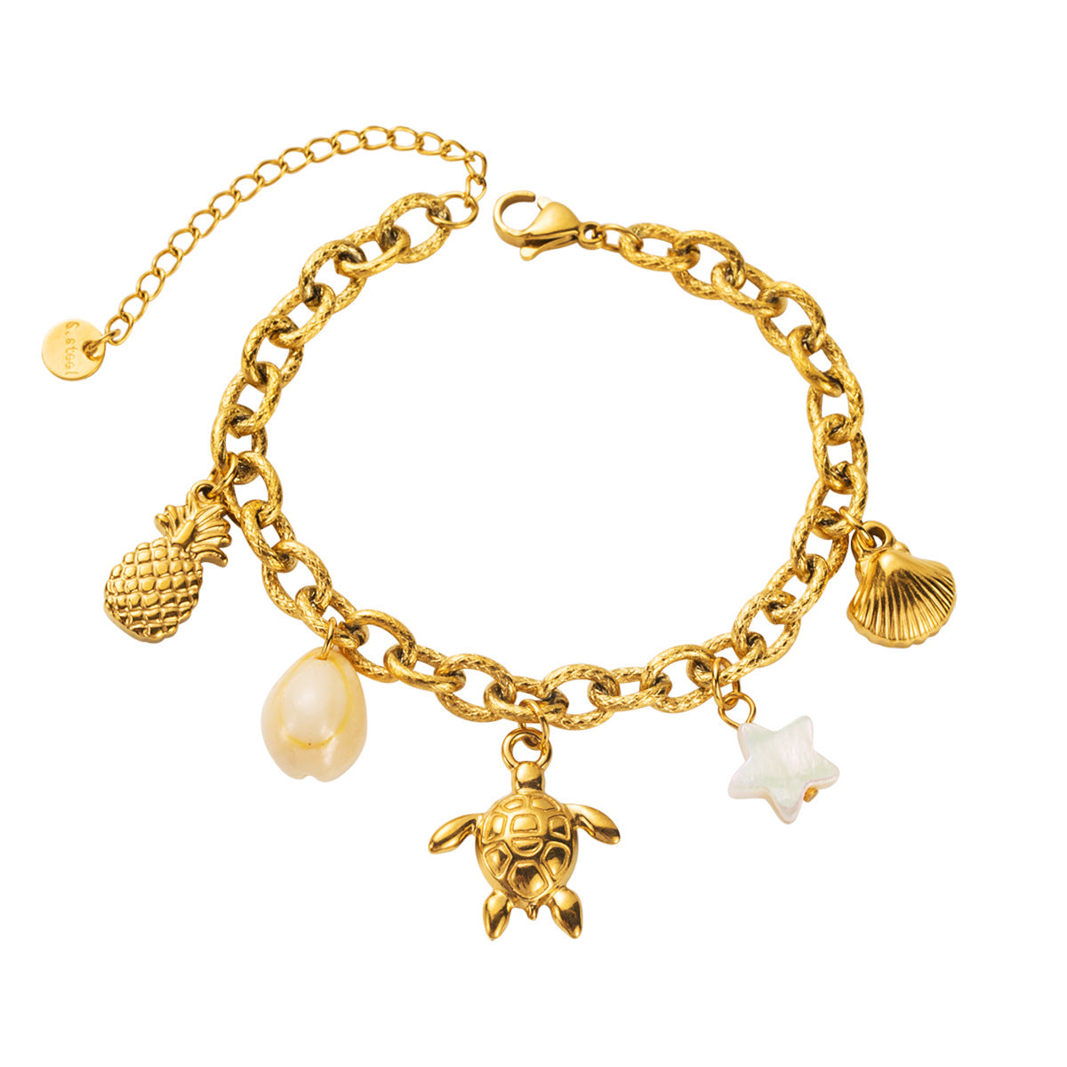 Pulsera geométrica vintage de acero de titanio para mujer con colgante de estrella de mar y concha marina, galvanizada para un color duradero