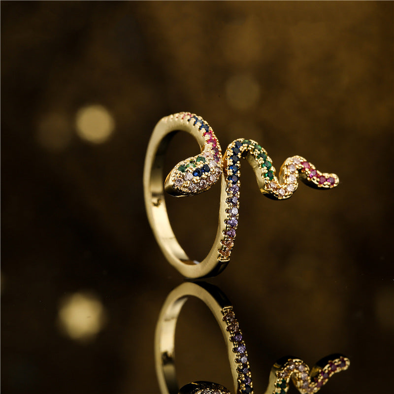 Anello aperto unisex in rame con zirconi cubici micro-incastonati a forma di serpente geometrico stile INS