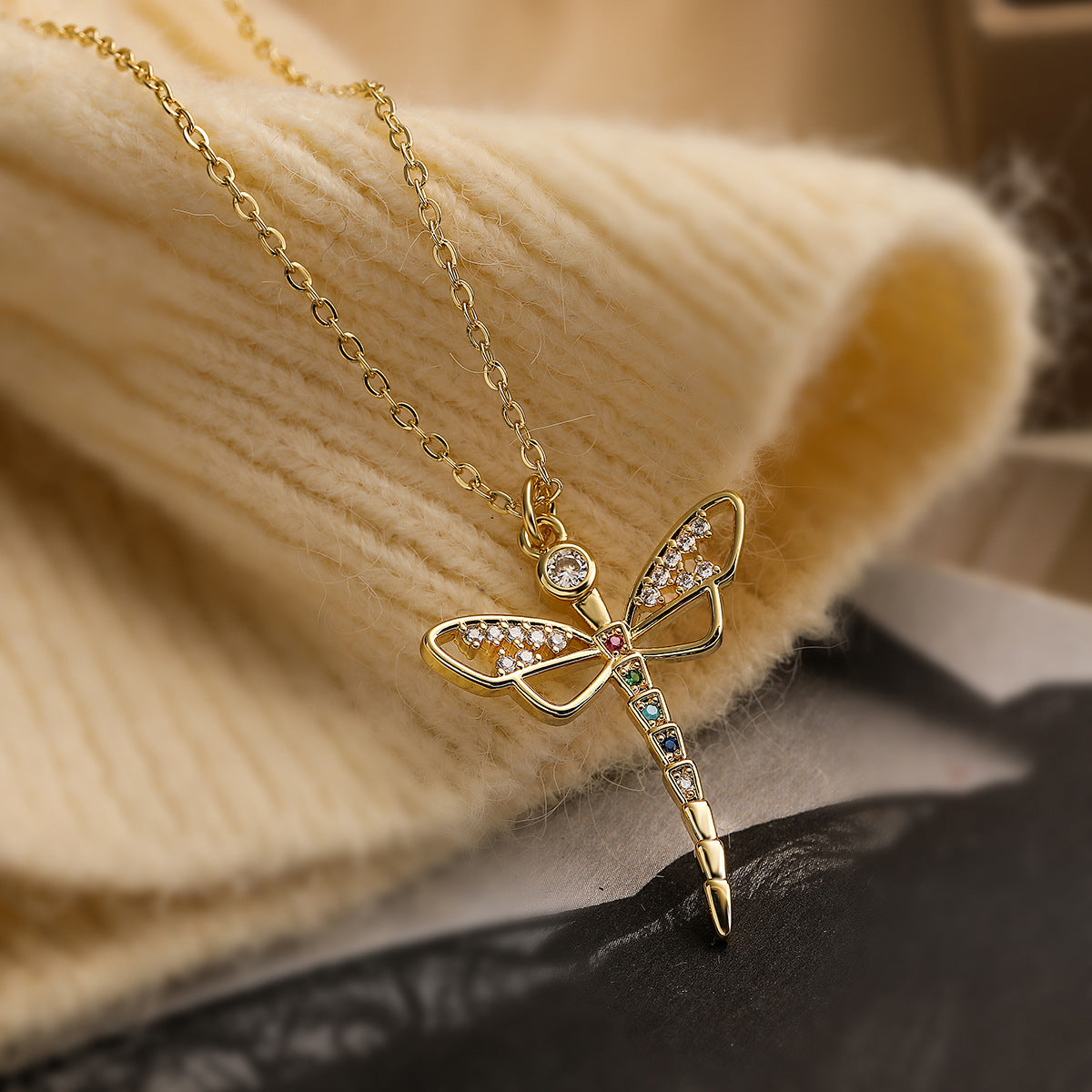 Minimalist Dragonfly Pendant Necklace for Women with Copper Base Plated in 18K Gold and Zircon Inlay