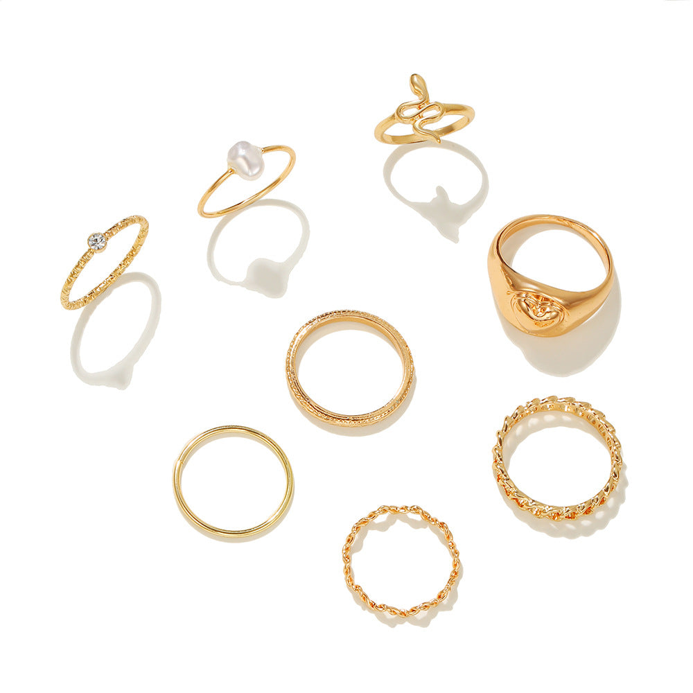 Minimalist Open Snake Ring with Hollow Heart and Pearl Inlay Alloy Plated Jewelry Set