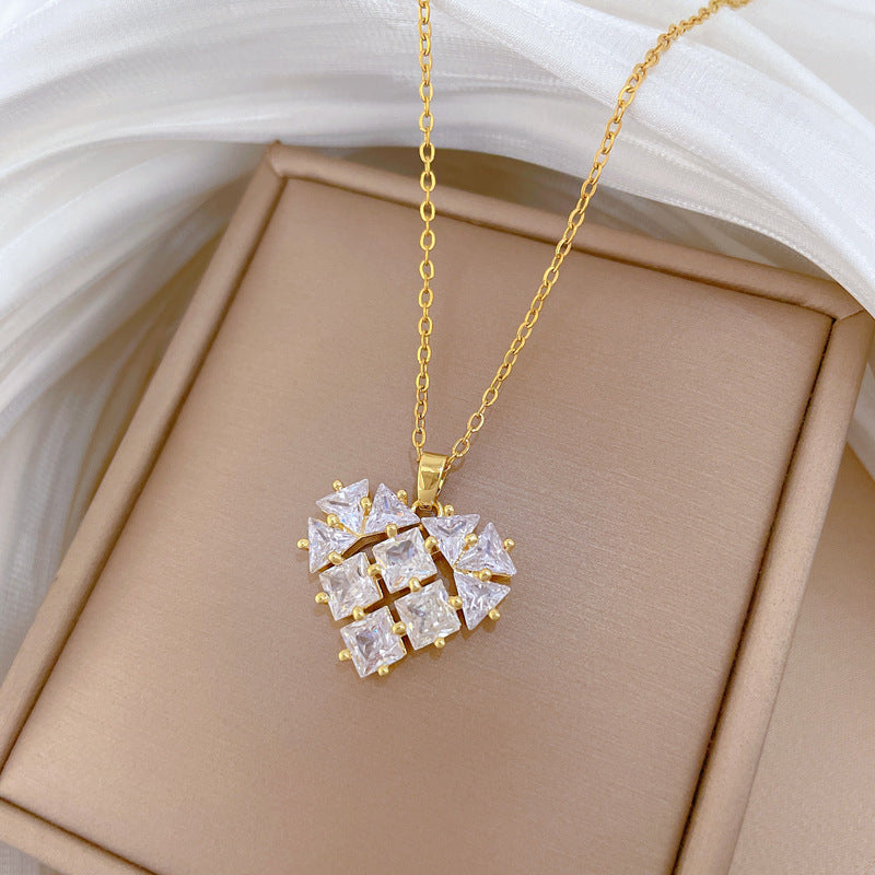 Sweet Minimalist Heart Geometric Rhinestone Titanium Steel Necklace Unisex Cable Chain