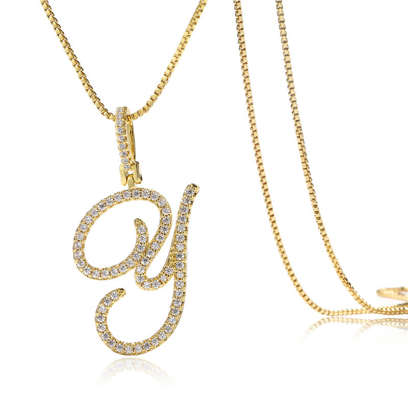 Minimalist Geometric Letter Pendant Necklace in Brass with Micro-Pavé Setting on Box Chain