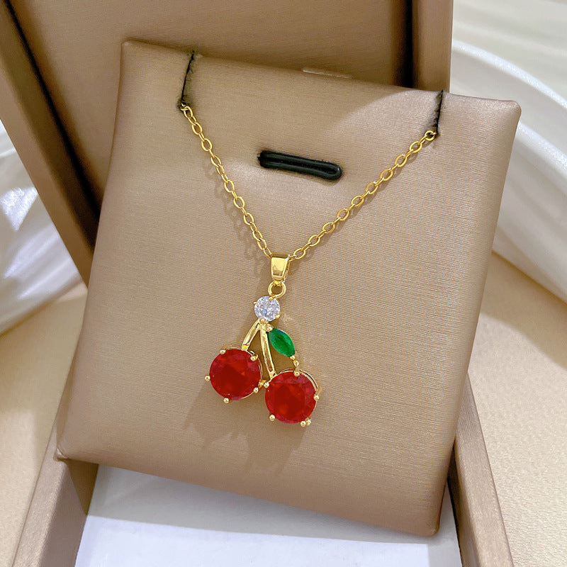 Cartoon Style Cherry-Shaped Stainless Steel Necklace with Rhinestone Inlay for Women and Men, Delicate Clavicle Chain