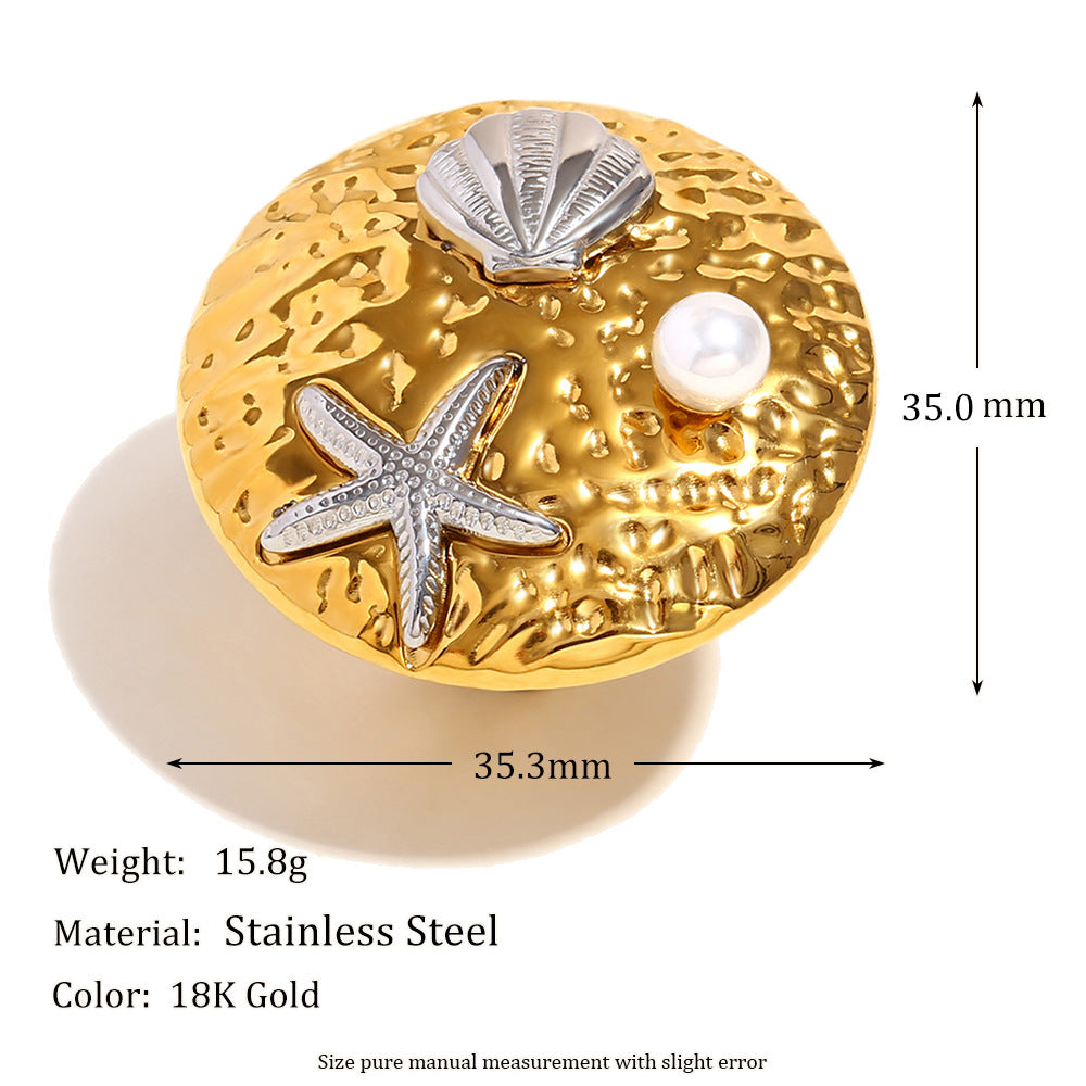 Fashionable Geometric Starfish Shell Pearl Round Open Ring in Stainless Steel with 18K Gold Plating for Women