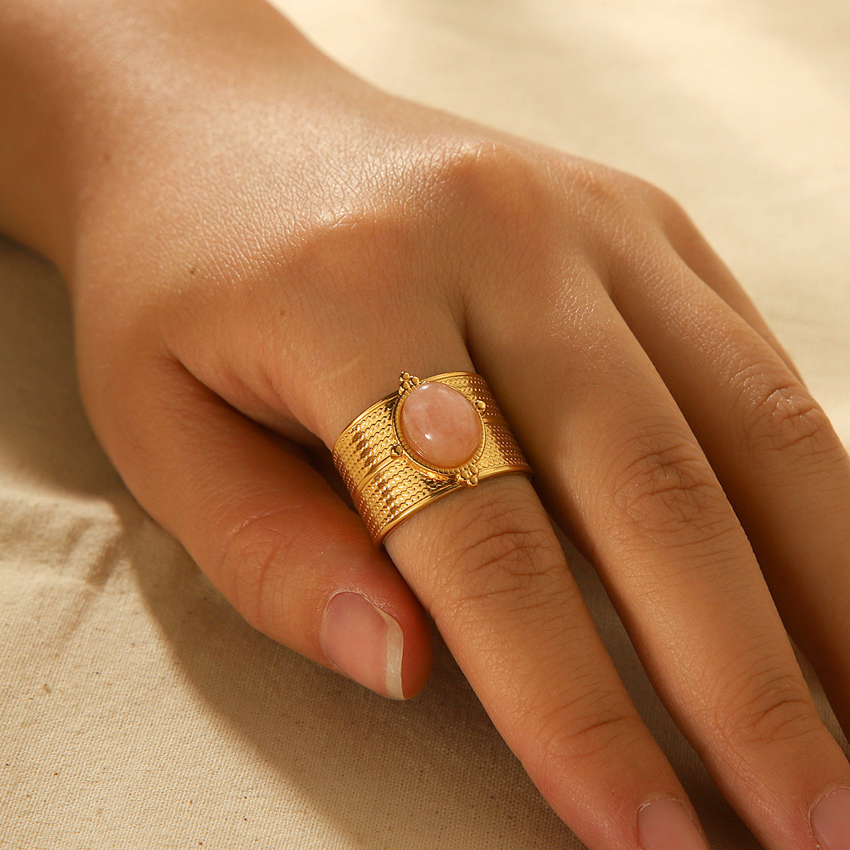Vintage Geometric Stainless Steel Open Ring for Women with Electroplated Finish and Natural Stone Inlay