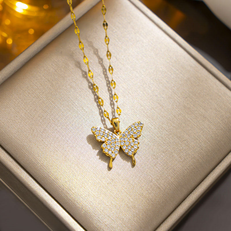 Minimalist Bow Knot Pendant Necklace for Women in Titanium Steel with Gold Plating on Wavy Chain