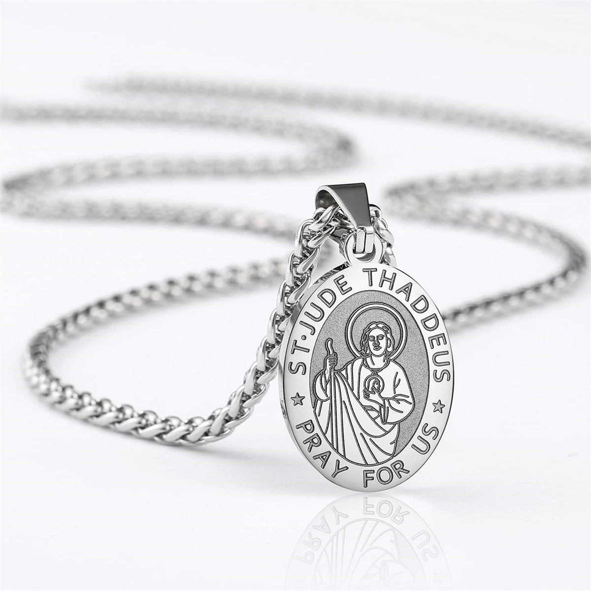 Minimalist Geometric Saint Jude Medal Pendant Necklace for Women in Stainless Steel with Plated Finish