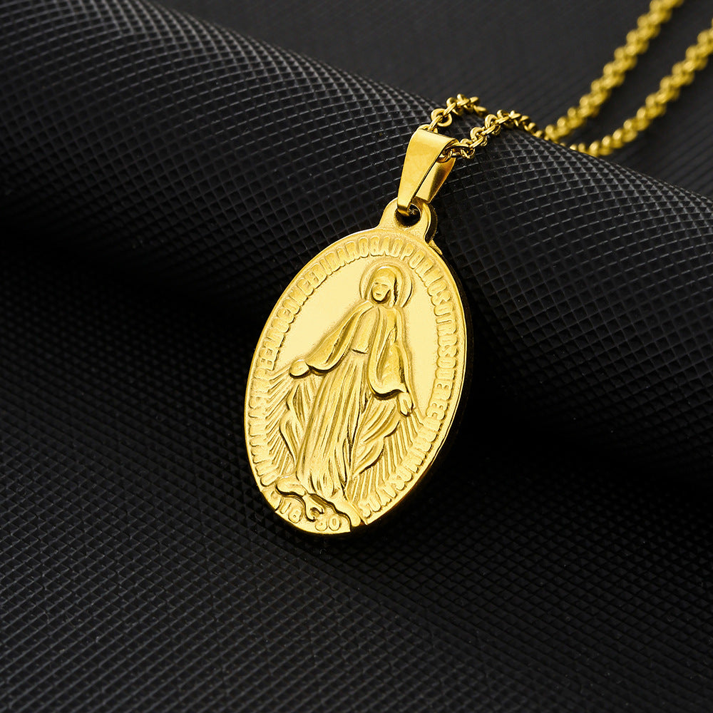 Collana con ciondolo Maria in acciaio inossidabile geometrico vintage con finitura placcata sottovuoto per abbigliamento casual unisex