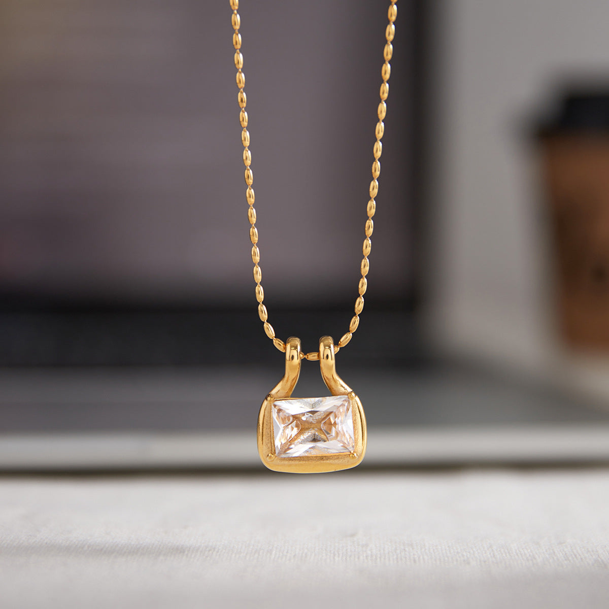 Minimalist 18K Gold Plated Geometric Square Stainless Steel Cubic Zirconia Necklace for Women