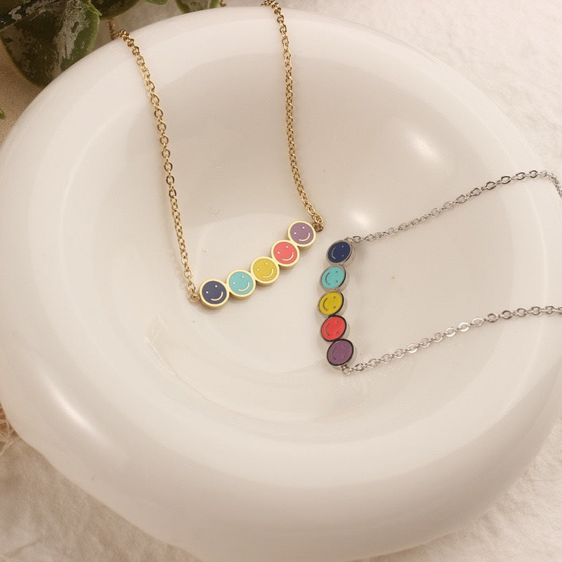 Minimalist Mini Smiley Face Necklace for Women and Men in Titanium Steel with Enamel Finish and Clavicle Chain Style