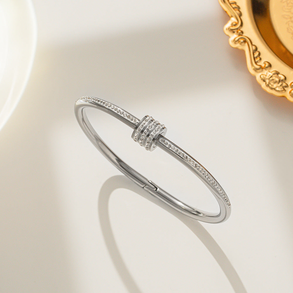 Vintage Rhinestone-Ti Steel Bracelet for Women Rose Gold Plated Opening Bangle with Starry Sky Pattern