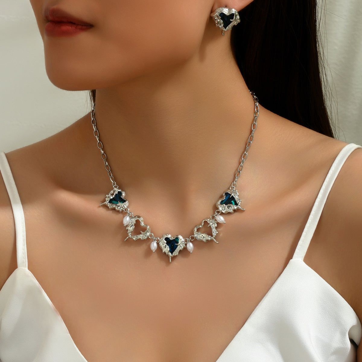Vintage Heart-Shaped Enamel Pendant Necklace and Earrings Set with Long Chain for Women