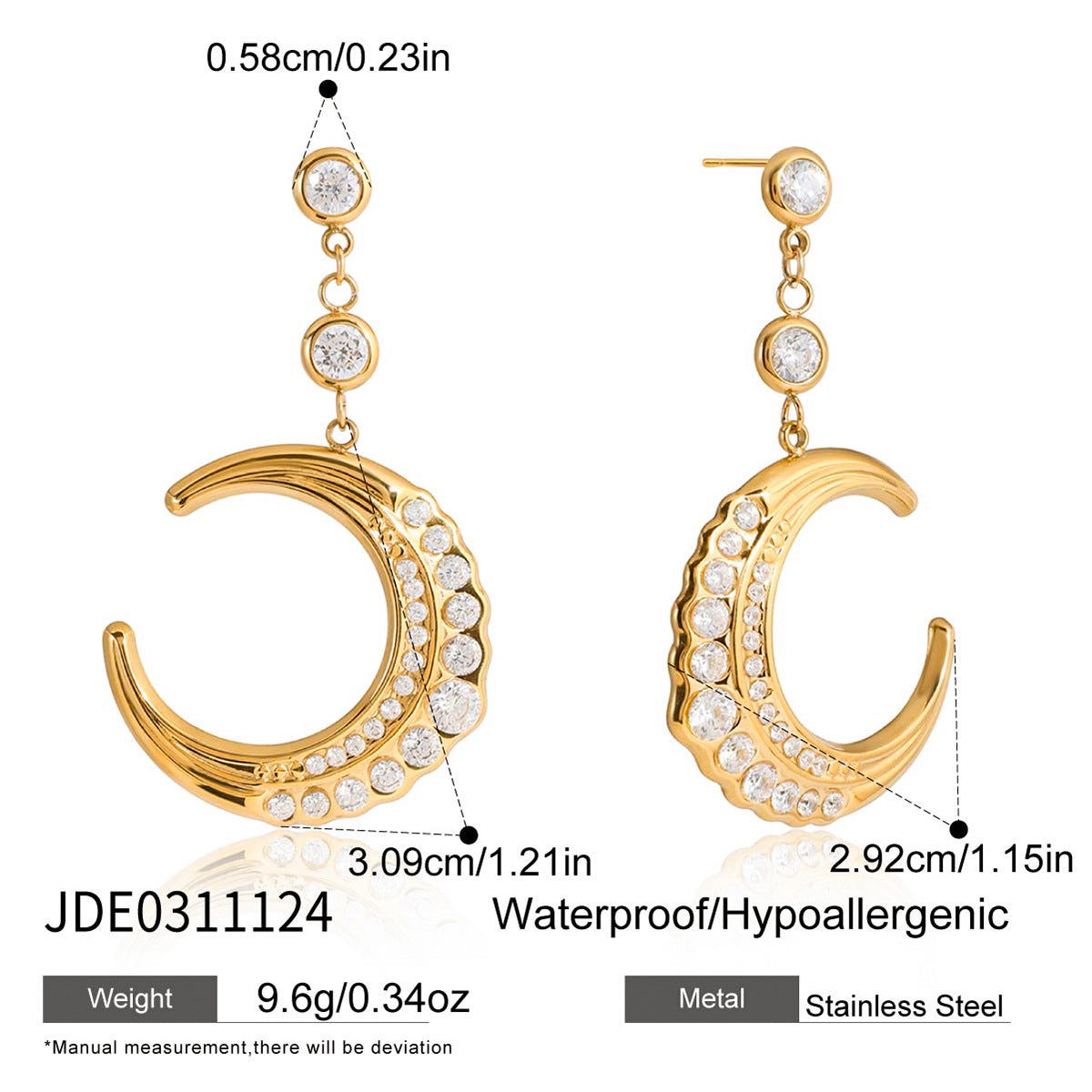 Pendientes minimalistas de acero inoxidable con forma de luna y circonitas incrustadas para mujer