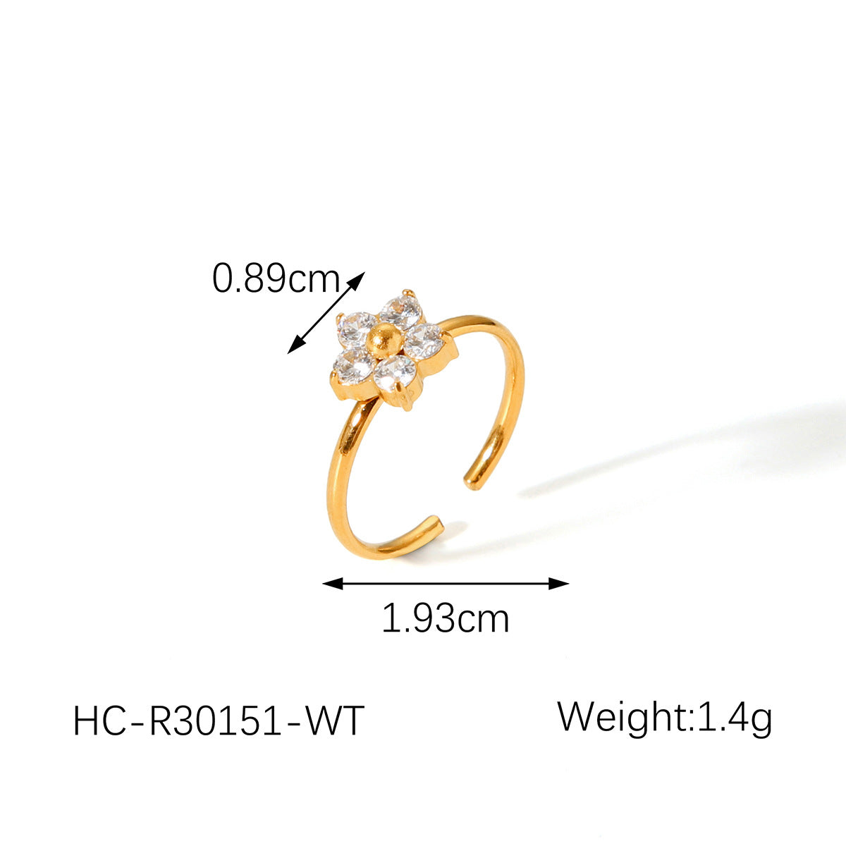 Floral Open Ring for Women in Stainless Steel with Rhinestone Inlay, Plated Finish, Lightweight Luxury French Style
