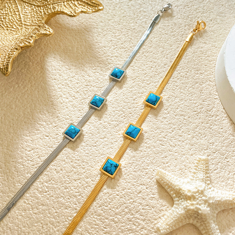 Minimalist Gold Plated Titanium Steel Square Bracelet with Three Turquoise Stones for Unisex