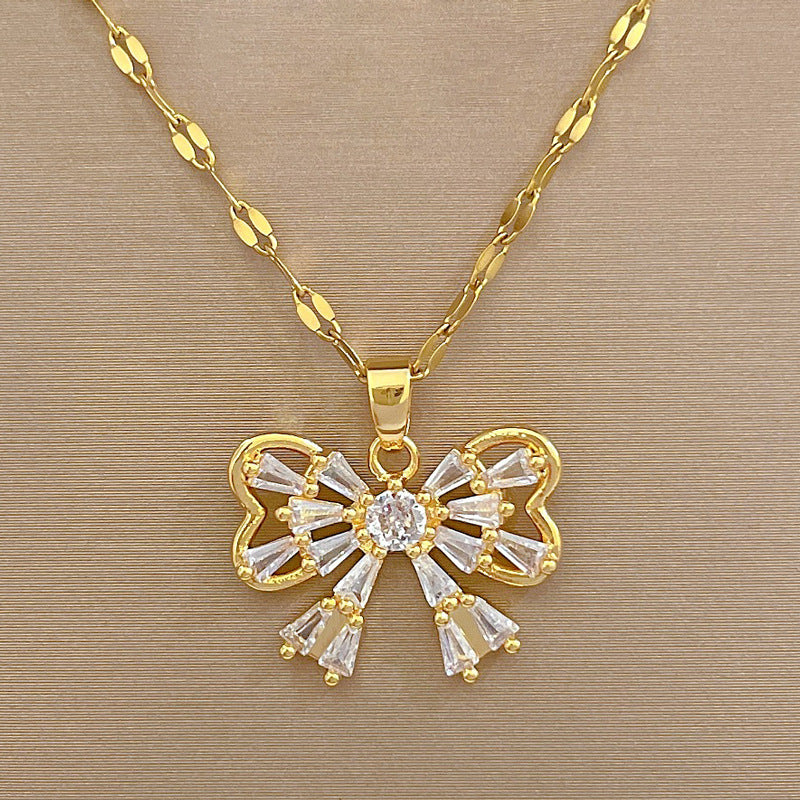 Minimalist Butterfly Pendant Necklace and Earrings Set in Titanium Steel with Micro-Pavé Setting and Plated Finish