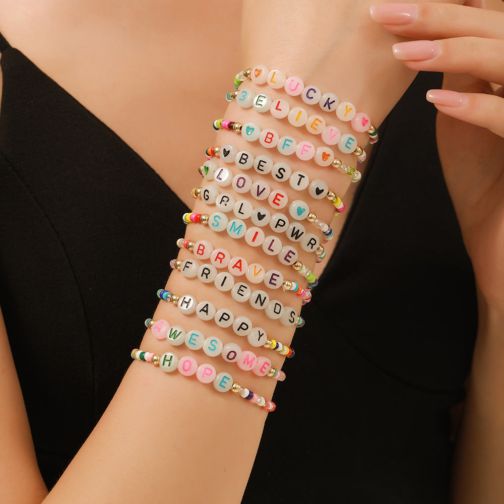 Bohemian Letter Acrylic Beaded Charm Bar Bracelet Unisex DIY Jewelry