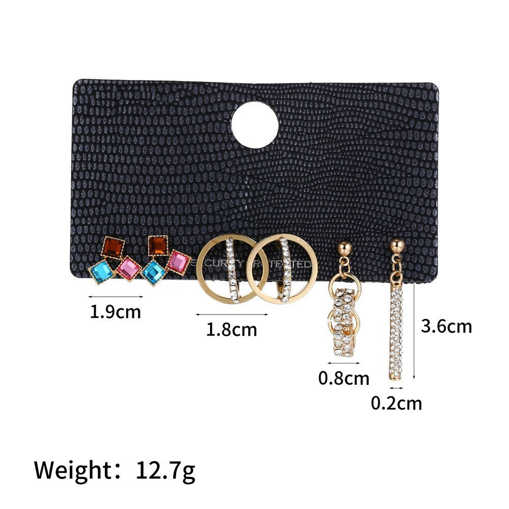 Vintage Geometric Leaf Compass Hollow Rectangle Round Stud Earrings Set Alloy Plated Micro-inlay Unisex
