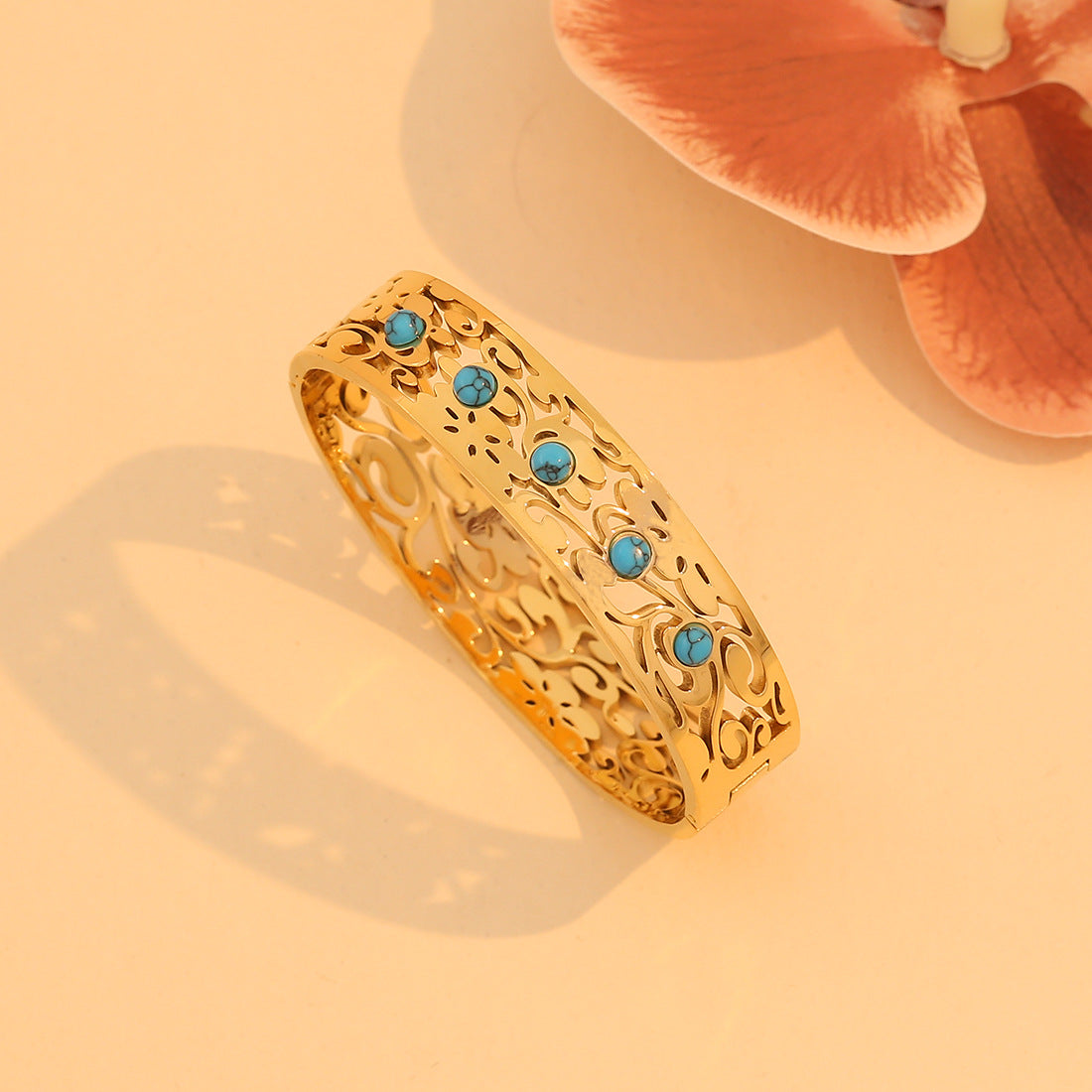 Vintage Style Turquoise-Inspired Hollow Stainless Steel Bracelet with Plated Finish