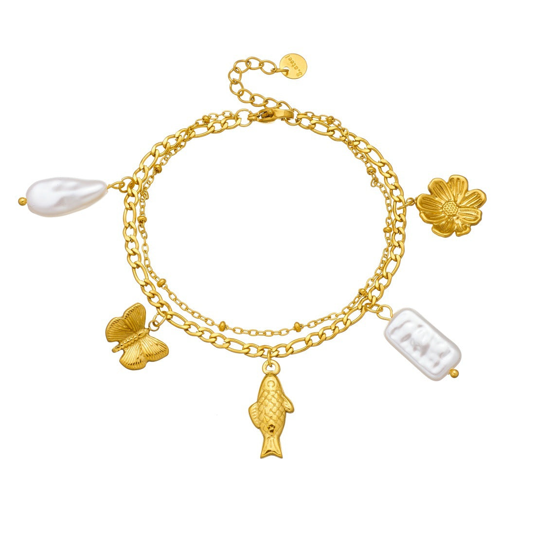 Sweet Gold Plated Stainless Steel Butterfly Fish Pearl Pendant Double Layer Cable Chain Bracelet for Women