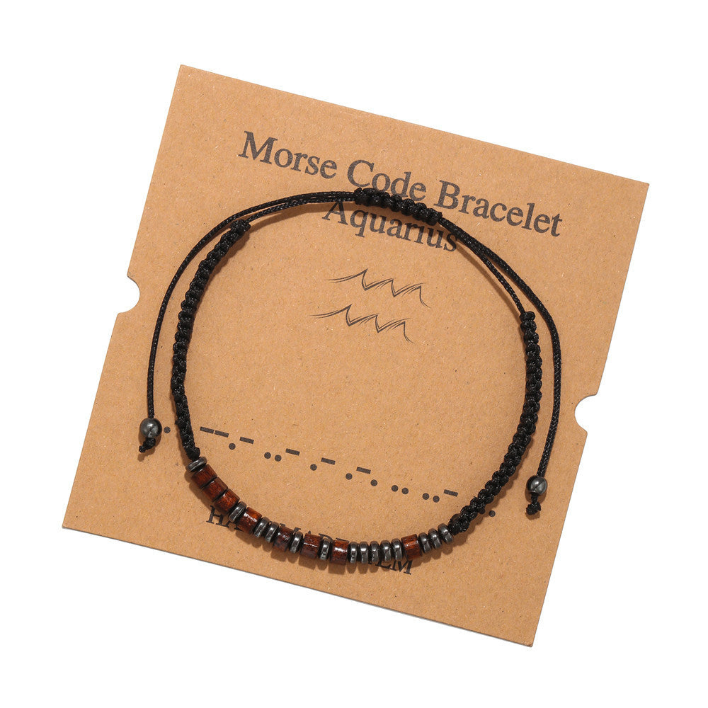Morse Code Zodiac Wood Beaded Bracelet Round Geometric Unisex