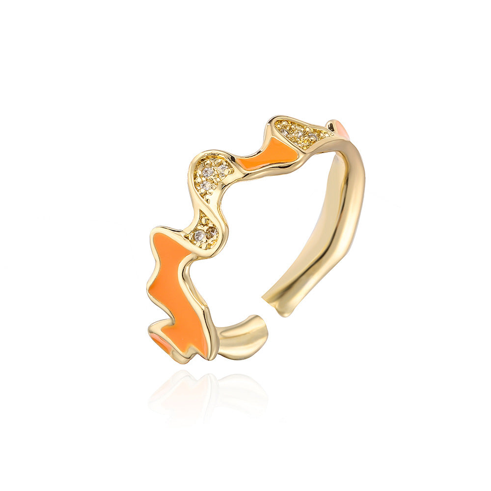 INS Style Irregular Geometric Open Ring for Women Made of Copper with 18K Gold Plating and Enamel-Set Zirconia