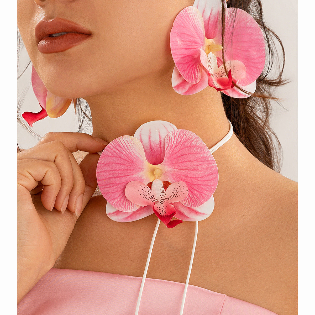 Minimalist Floral Choker Necklace with 3D Orchid Pendant on Braided Wax Cord for Women