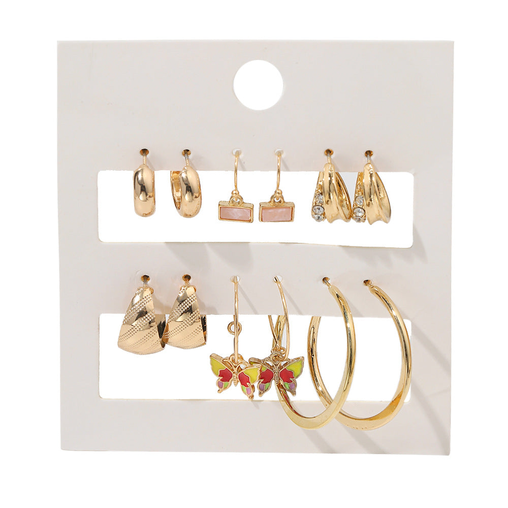 Vintage Business Geometric Square Round Alloy Plated Hoop Earring Set with Pearl Inlay for Women