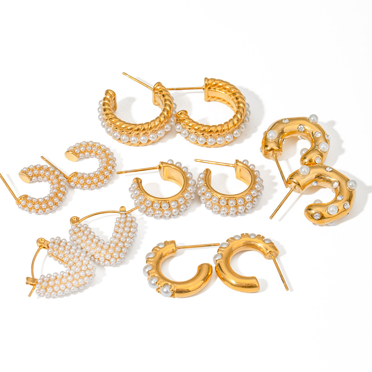 Sweet Geometric Stainless Steel C-Shape Hoop Earrings with Pearl Inlay for Women