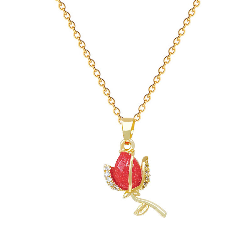 Sweet Minimalist Red Rose and Moon Rhinestone Pendant Titanium Steel Necklace Set for Unisex
