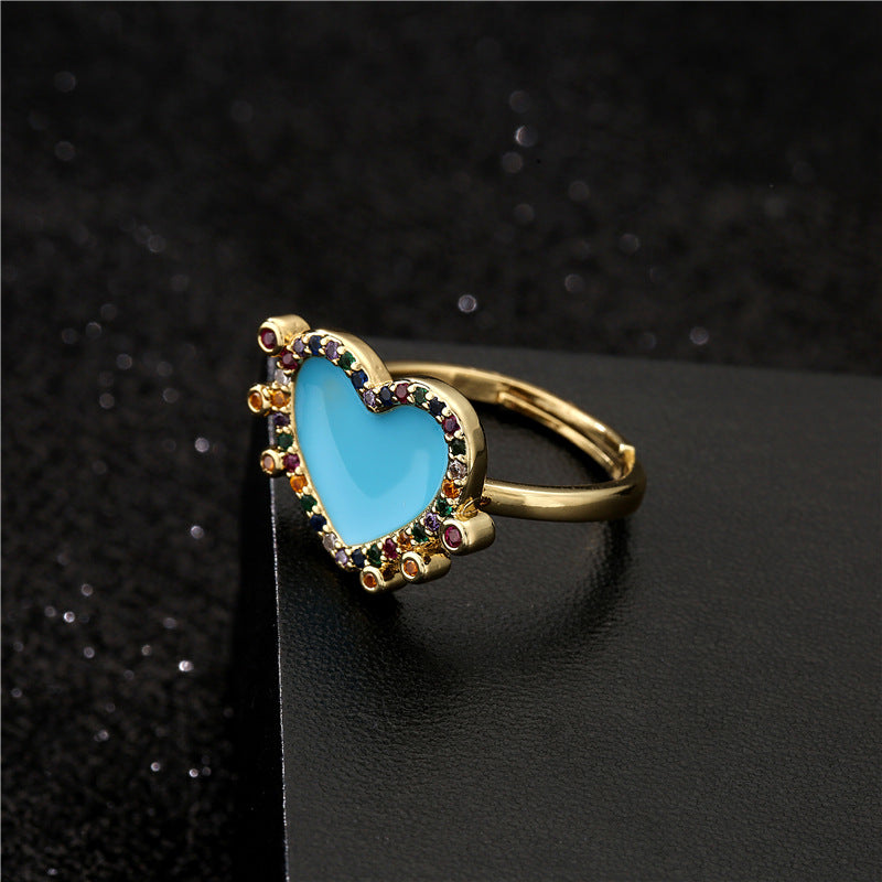 Colorful Drip Oil Heart Geometric Brass Ring with Micro-inlaid Cubic Zirconia for Women