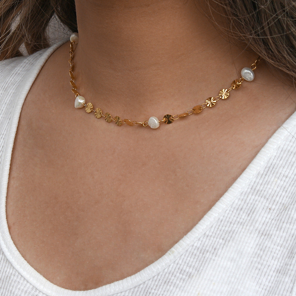 Fashionable Geometric Snowflake-Shaped Stainless Steel Plated Necklace with Freshwater Pearl for Women