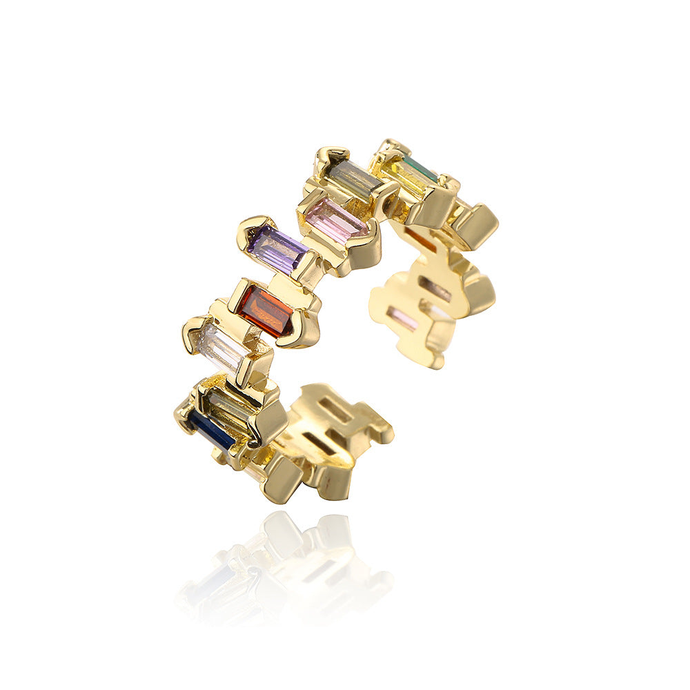 Geometric Open Ring in Copper with 18K Gold Plating and Rainbow Zircon Inlay for Women