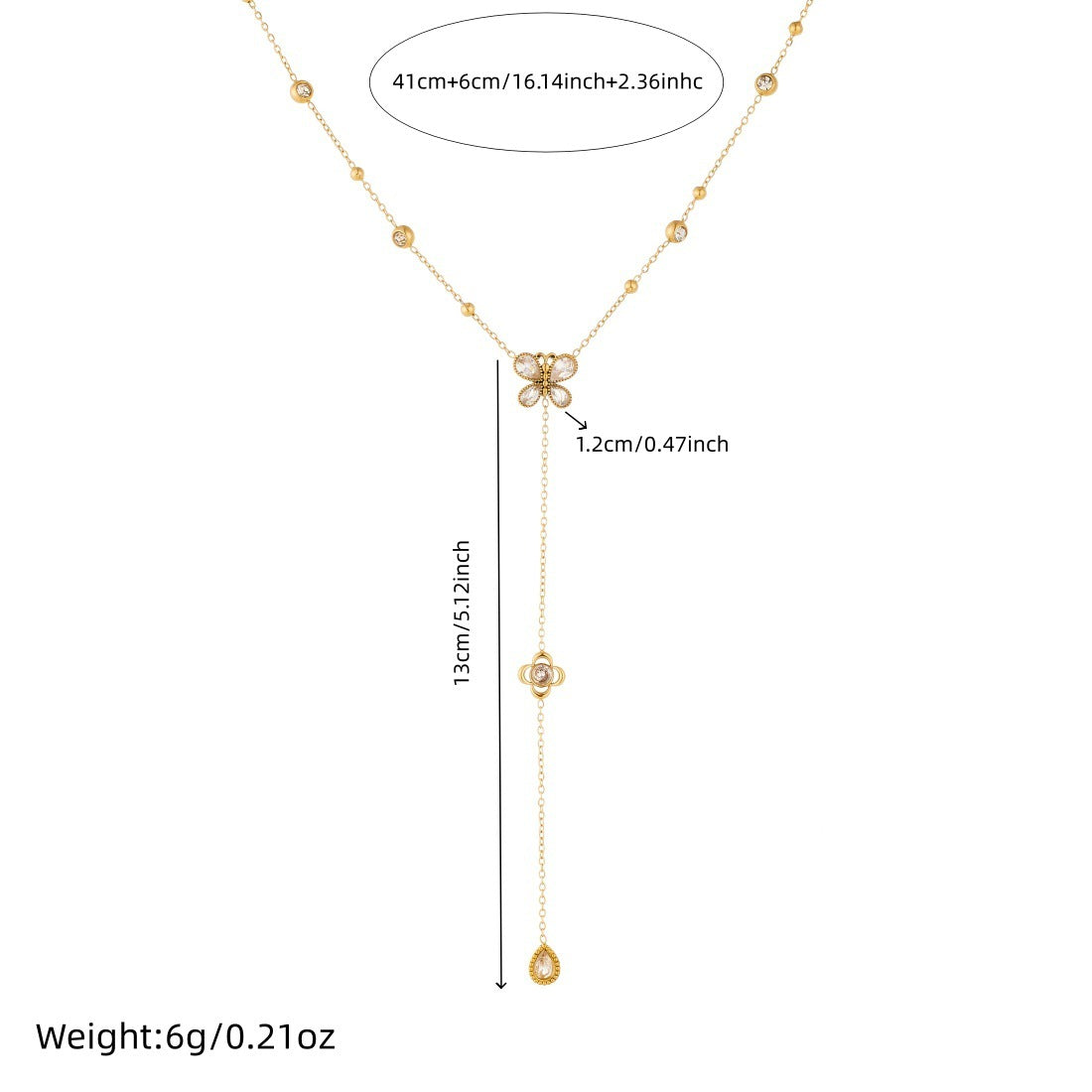 Elegant Gold Plated Stainless Steel Butterfly Rose Teardrop Pendant Necklace with Rhinestones for Women