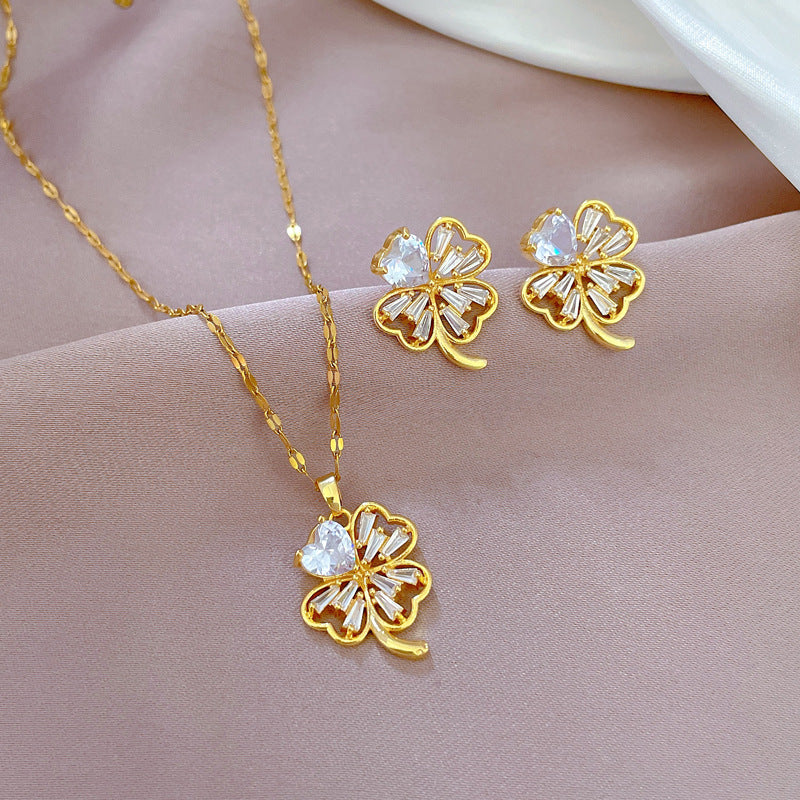 Minimalist Four-Leaf Clover Pendant Necklace and Stud Earrings Set in Titanium Steel with Plated Finish for Women