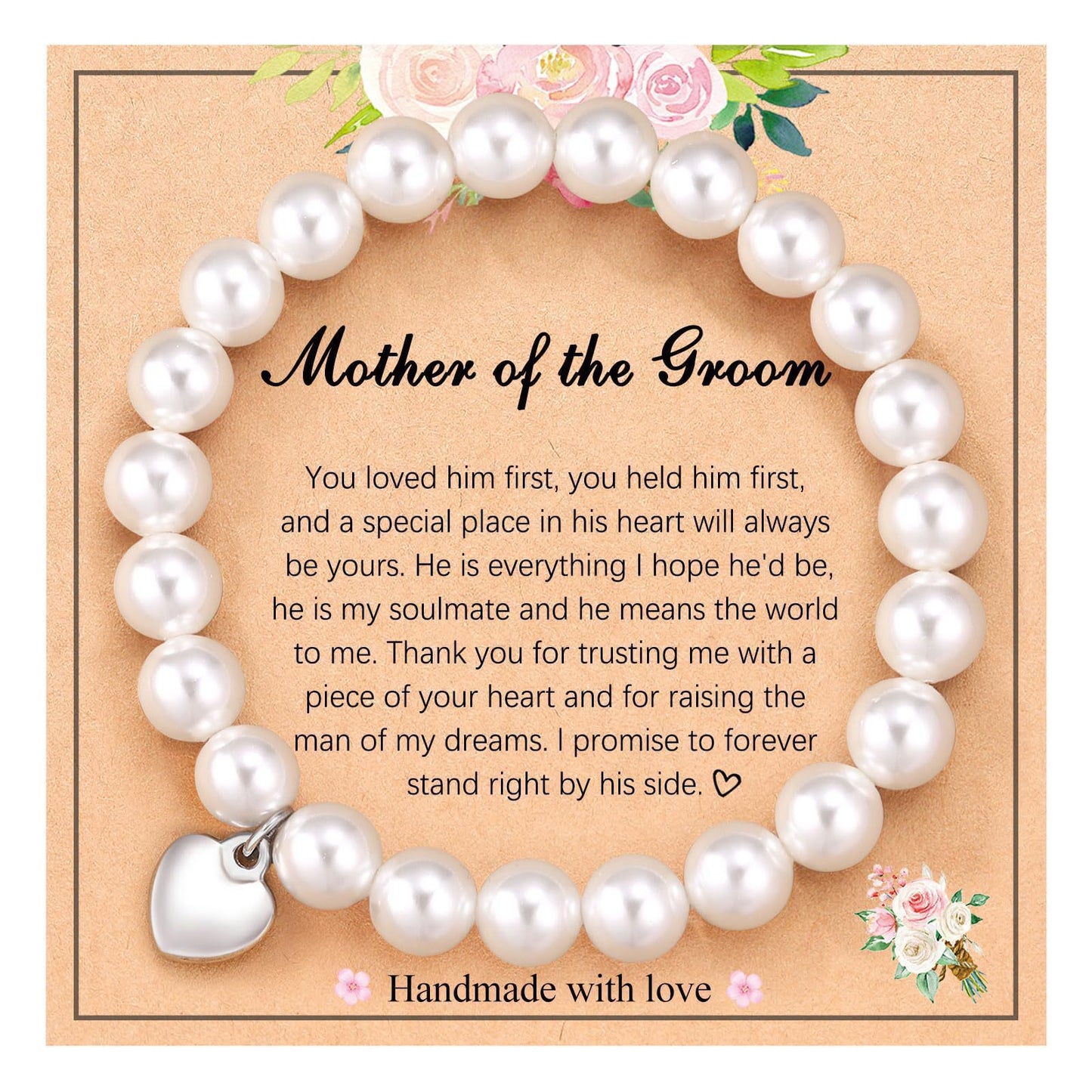 Minimalist 8mm Round Imitation Pearl Heart Charm Bracelet