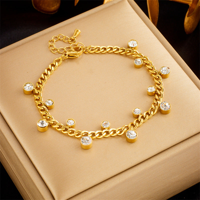 Minimalist Irregular Round Rhinestone-Embellished Titanium Steel Bracelet for Women