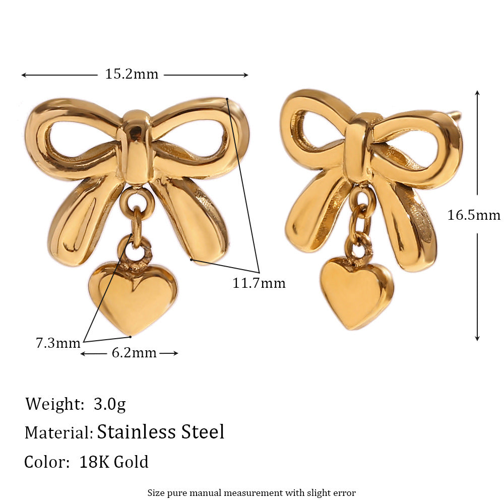 Minimalist Fashion Stainless Steel Plated 18K Gold Freshwater Pearl Necklace with Mini Heart and Bow Pendant