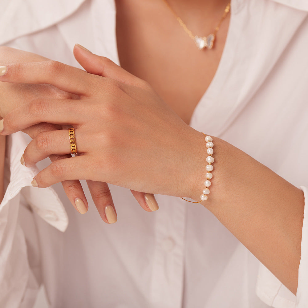 Bracciale in acciaio inossidabile con perle d'acqua dolce geometriche stile Ins, placcato oro PVD 18 carati, con catena a maglie, per donna
