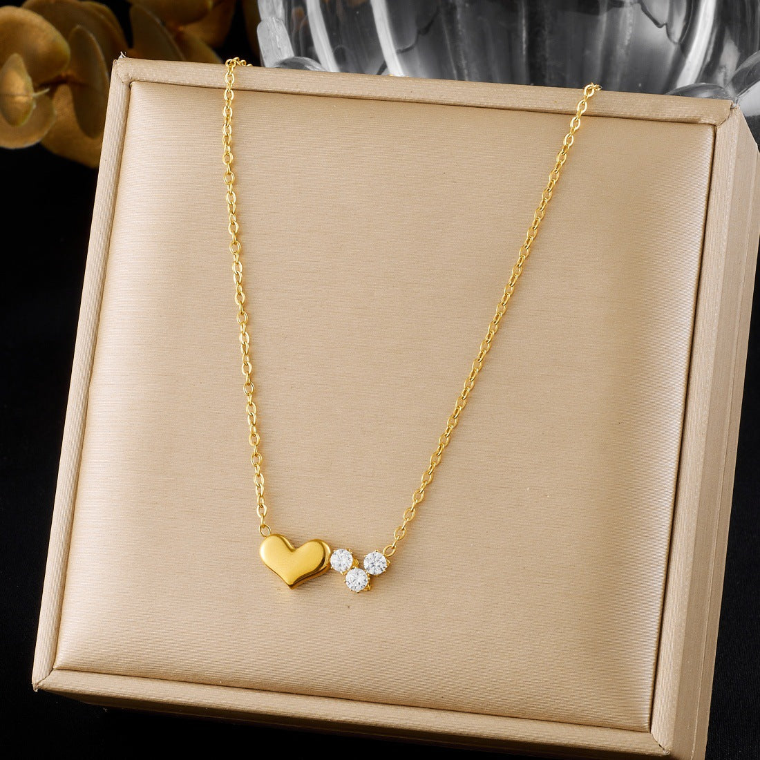 Elegant Casual Heart Gold Plated Stainless Steel Necklace with Cubic Zirconia for Women