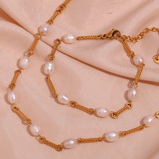 Set di bracciale e collana da donna fatti a mano placcati in oro 18K in acciaio inossidabile geometrico minimalista con pendente in perla d'acqua dolce
